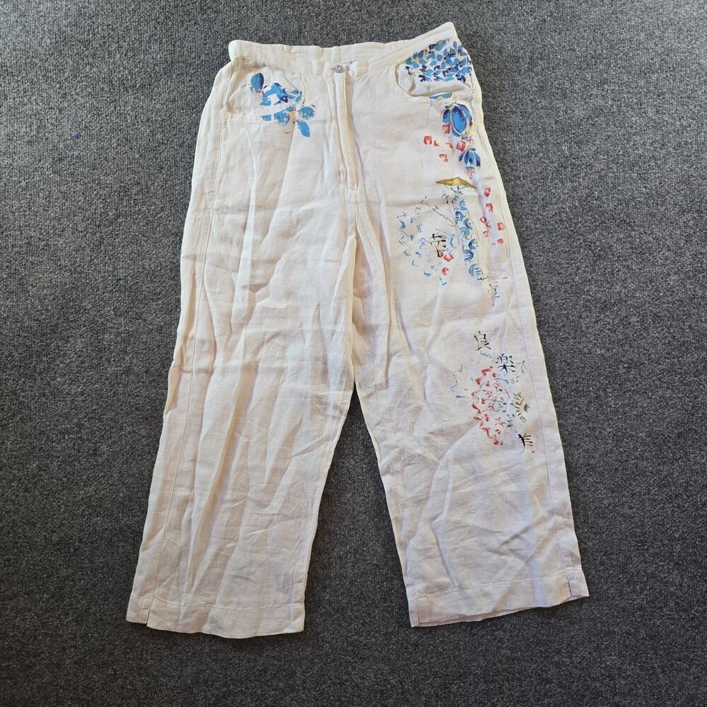 Chicos Pants Women Size 4 White Linen Floral Painted Art To Wear Artsy Lagenlook